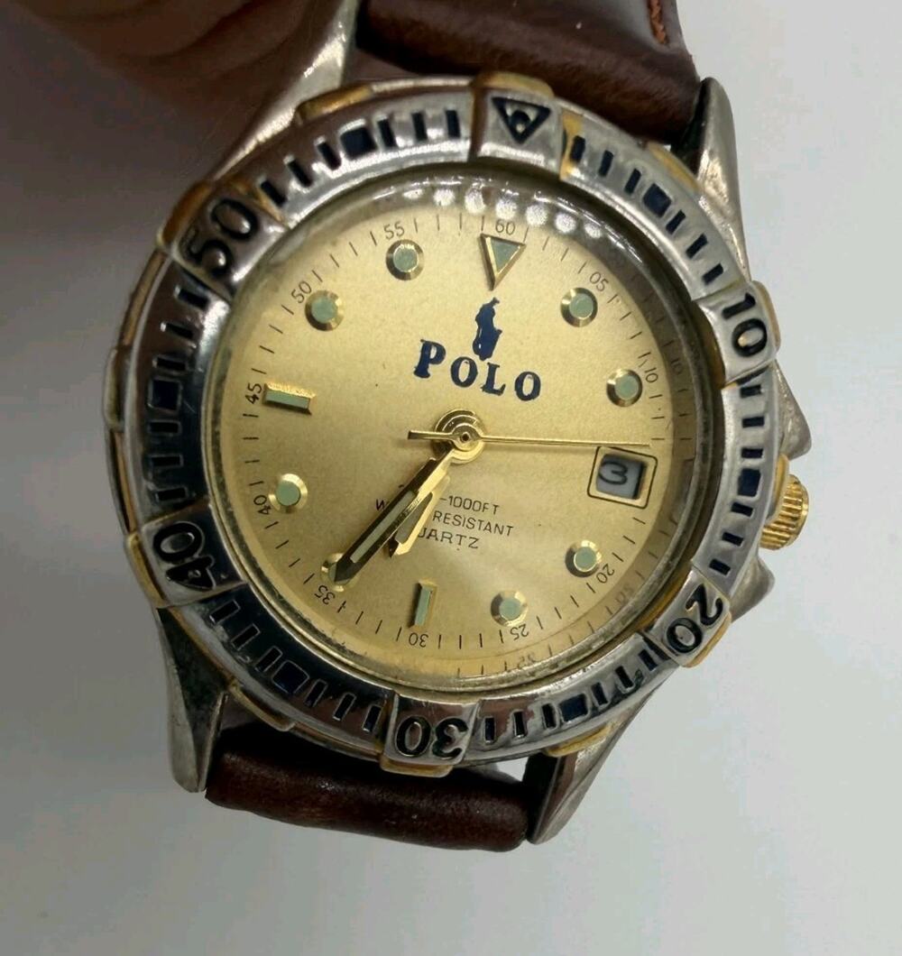 Vintage Beverly Hills Women Polo Club Logo Silver Tone Leather Quartz Watch